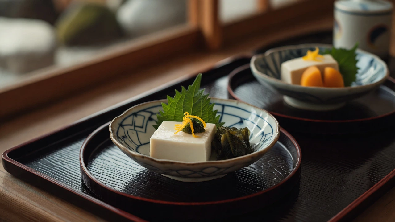 Minimalist Japanese Shojin Ryori meal with tofu and pickled vegetables served on lacquered trays in a zen setting.