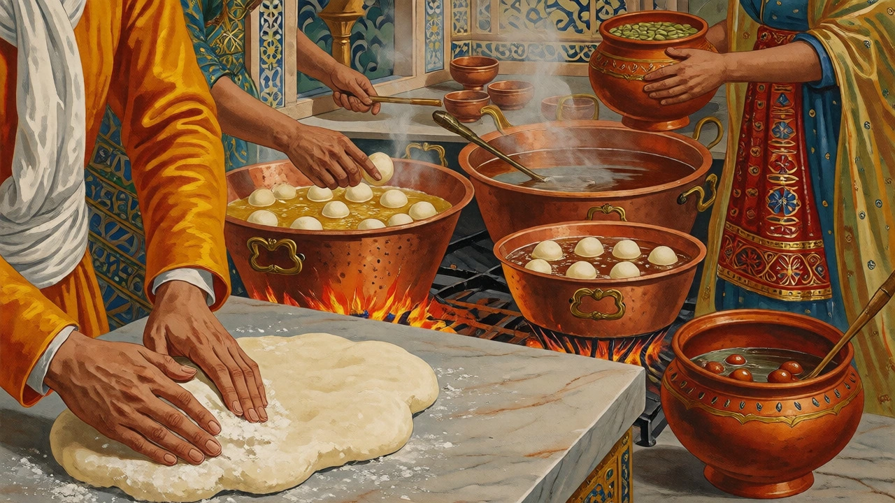 Mughal-era cooks frying Gulab Jamun dough in a historic kitchen