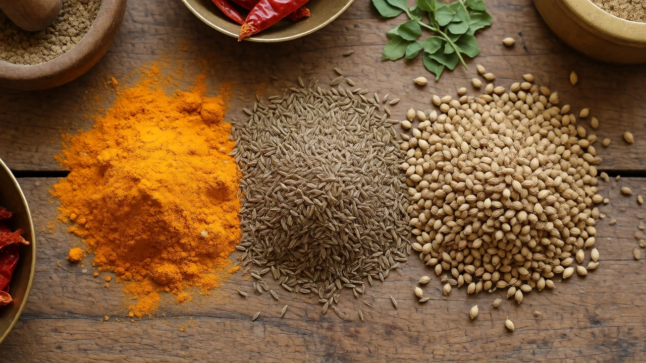 Overhead view of turmeric powder, cumin seeds, and coriander seeds arranged on a rustic wooden table.
