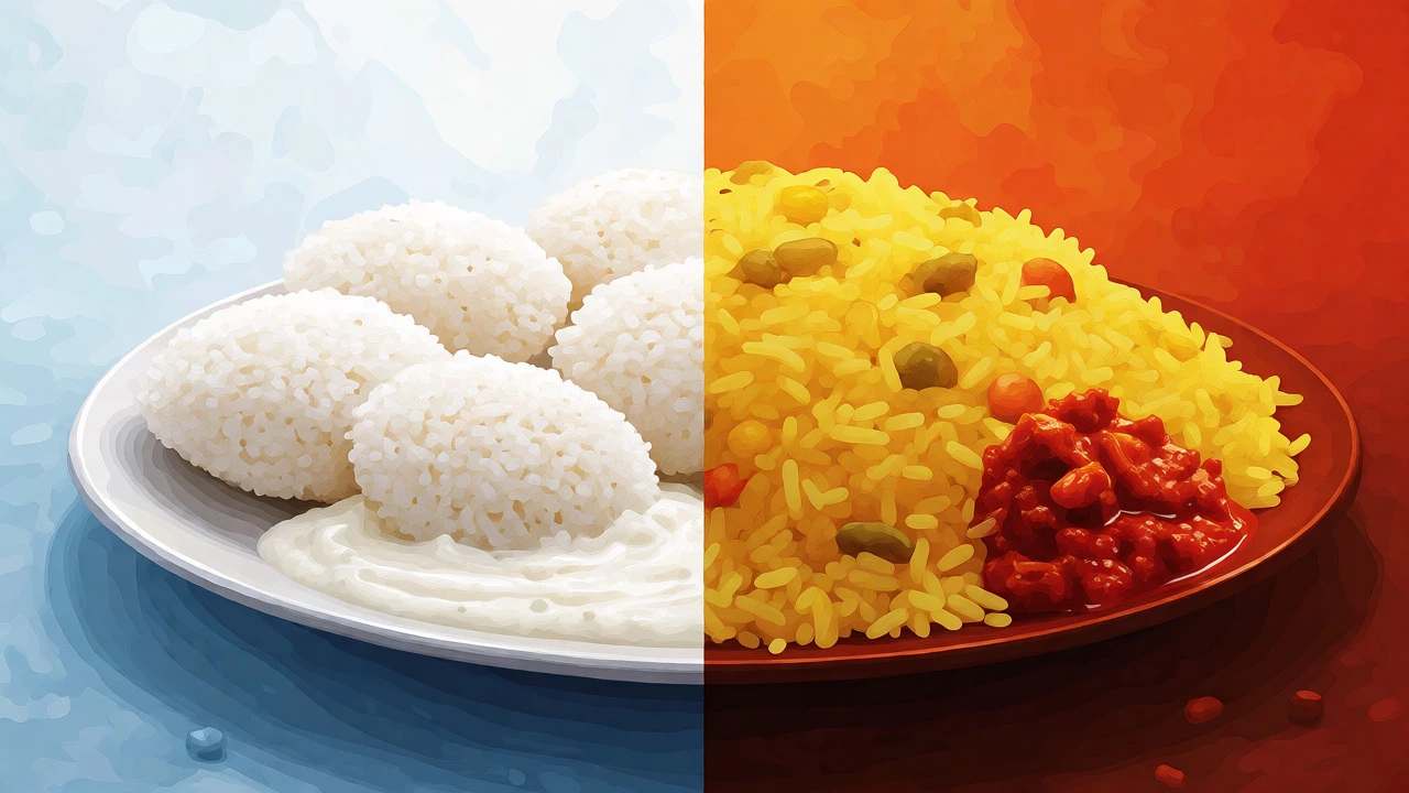 Split scene showing coconut chutney with idlis and mango pickle with lentil rice.