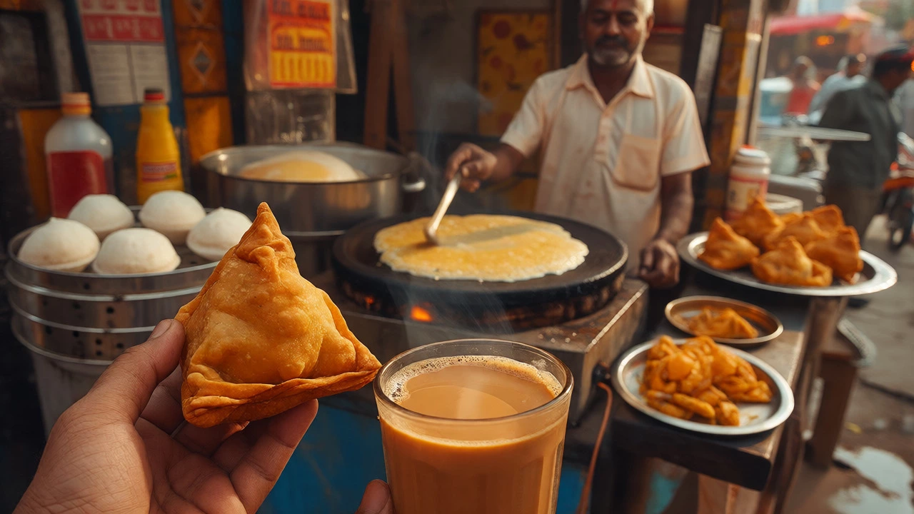 Street food scene featuring samosas, chai, and dosas during an Indian breakfast.