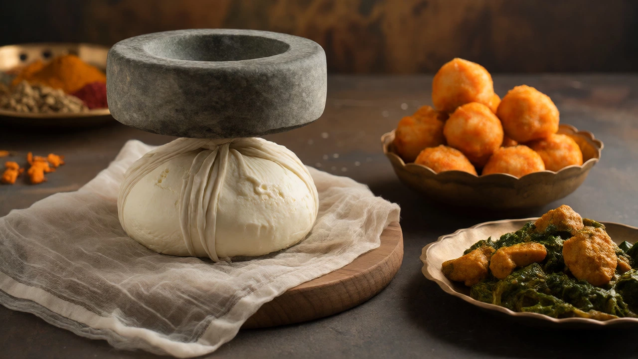 Traditional cheese pressing setup with finished Indian dishes