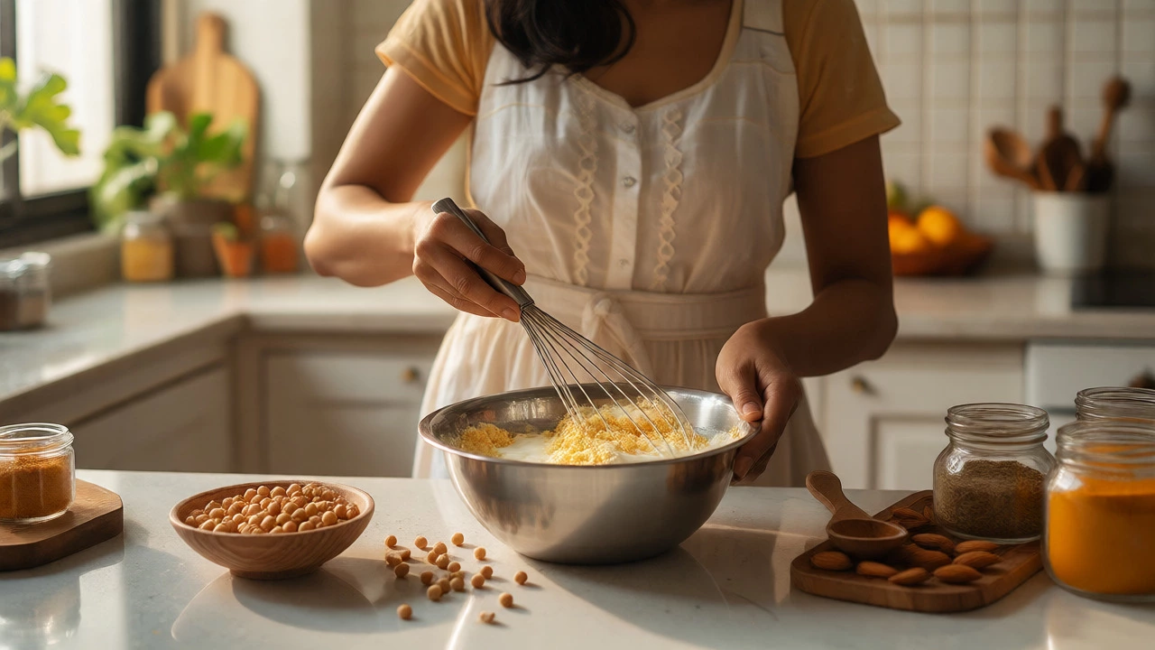 Woman whisking besan chilla batter in a bright kitchen